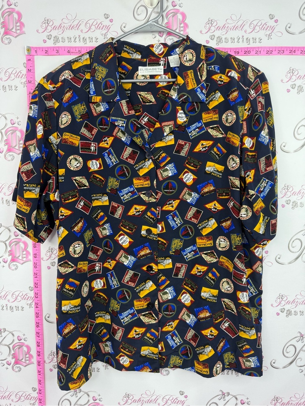 Shirt vintage Navy Short-Sleeve Button-Down Shirt with Travel Patch Print